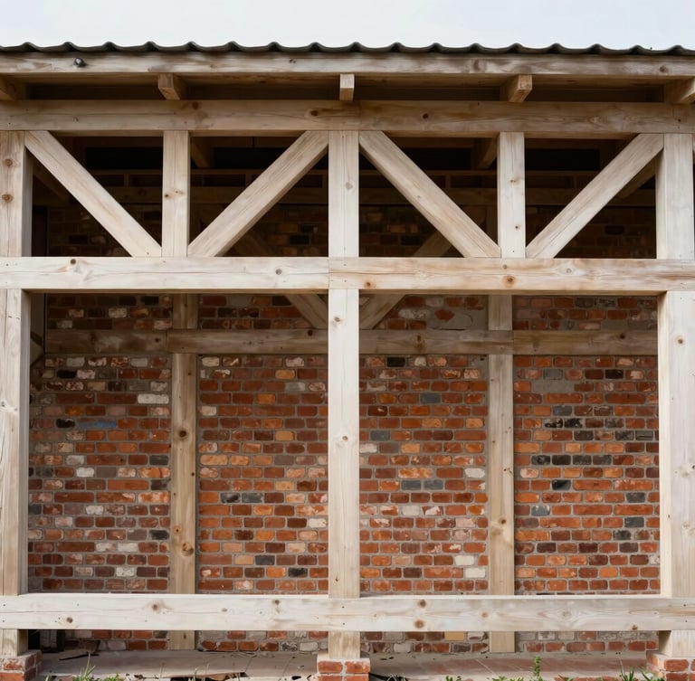 Straight-on architectural detail of a structurally restored brick foundation and clean timber framing, natural diffused daylight, technical precision.