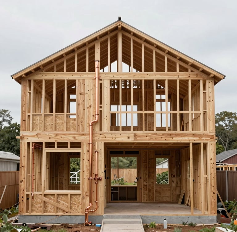 Straight-on architectural view of a residential home under structural renovation, showing clean exposed timber framing and newly run copper plumbing in diffused daylight.