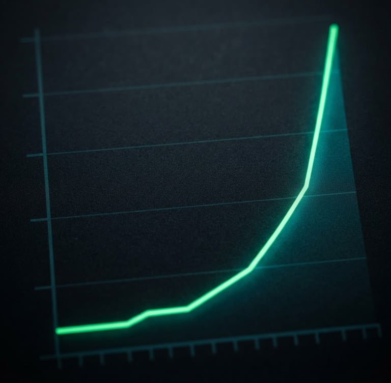 High-contrast search console graph showing a steep, hockey-stick growth curve, glowing electric green lines on a deep charcoal background, tight macro shot, UI elements, low-key studio lighting.
