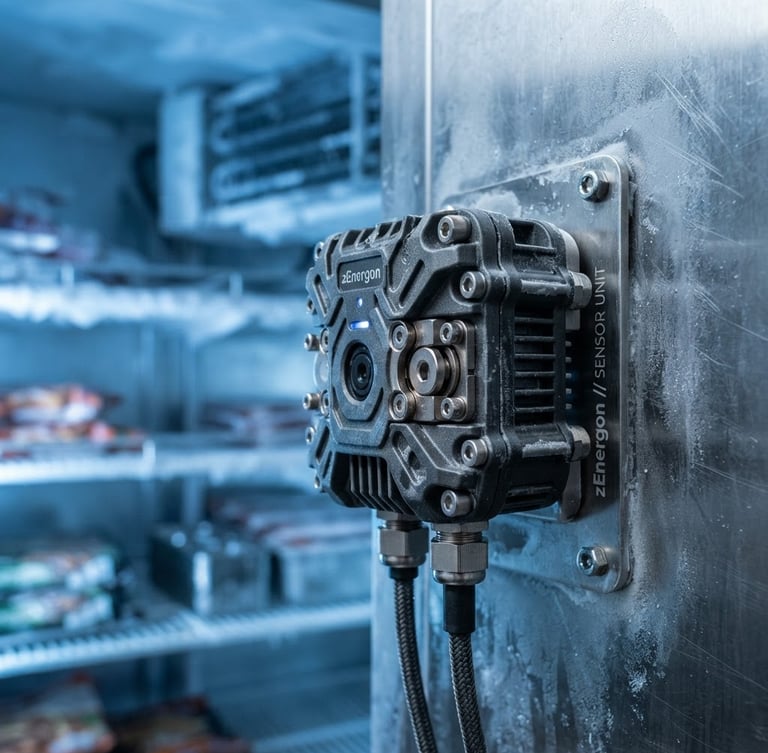 Sharp macro photograph of a rugged zEnergon sensor hardware unit mounted on clean stainless steel inside a commercial freezer, cool blue ambient light, high-contrast metallic tones, 50mm lens