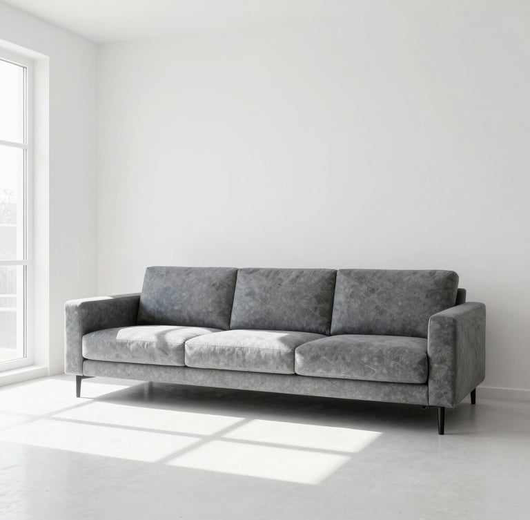 Bright high-key interior photography of a modern minimalist living room, crisp natural daylight, clean white and slate tones, sharp focus, 35mm
