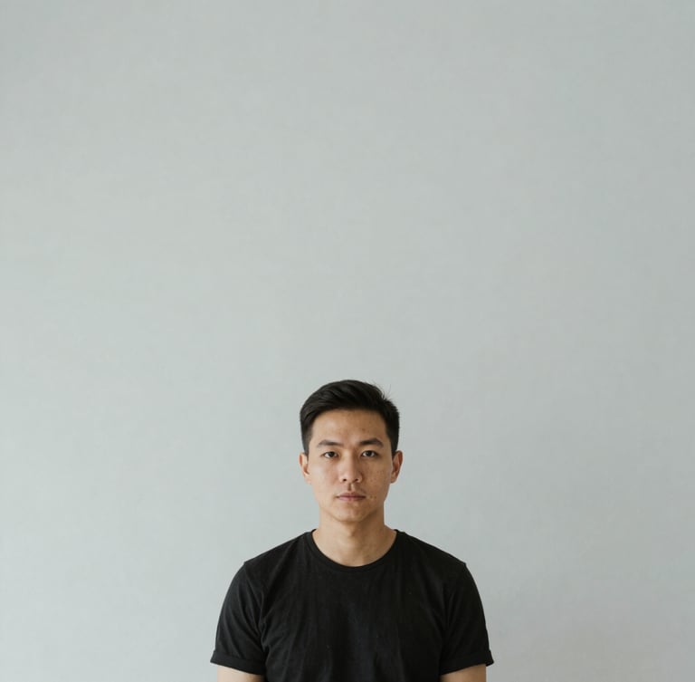 Minimalist editorial portrait of a developer in natural light, clean studio environment, neutral background, sharp focus, desaturated cool tones, 35mm lens.