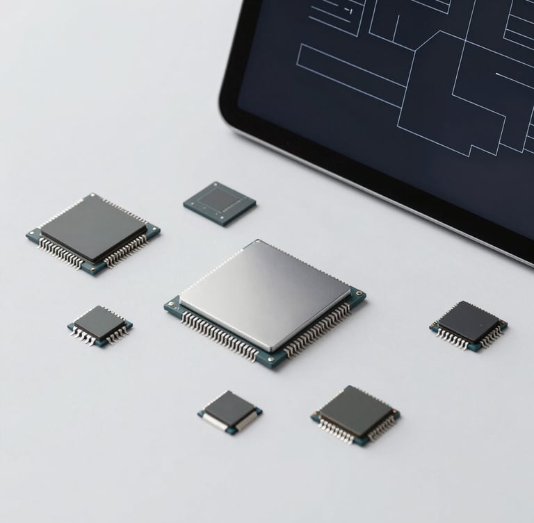 A flat-lay composition of modern hardware, clean microchips, minimalist digital diagram on a screen, crisp studio lighting, desaturated cool tones.