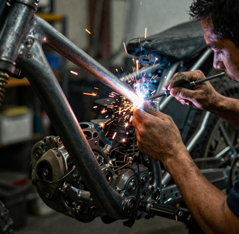 Close-up of a builder welding a motorcycle frame, warm orange sparks flying in a dark gritty industrial workshop, shallow depth of field, 35mm