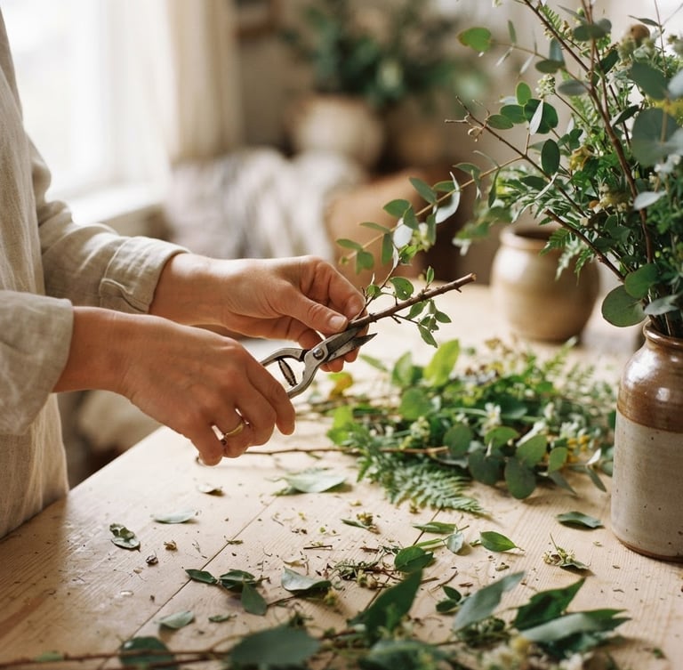 Close-up of hands gently trimming wild branches on a light wooden table, soft morning window light, shallow depth of field, warm editorial photography