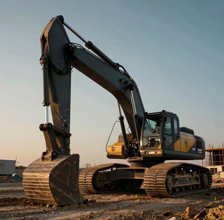 Low-angle heroic shot of a massive modern excavator operating on a UAE construction site at golden hour, dramatic sunlight casting long shadows on metallic textures, cinematic 35mm photography