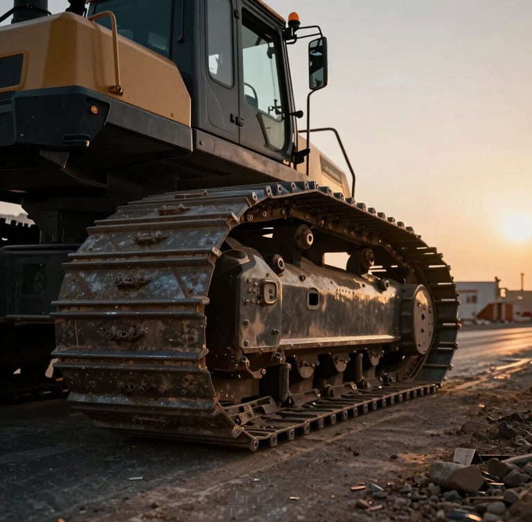 Heroic close-up of high-grade construction materials and steel treads of heavy machinery on a UAE road construction site, dramatic golden-hour sunlight, high-contrast dark tones, cinematic perspective