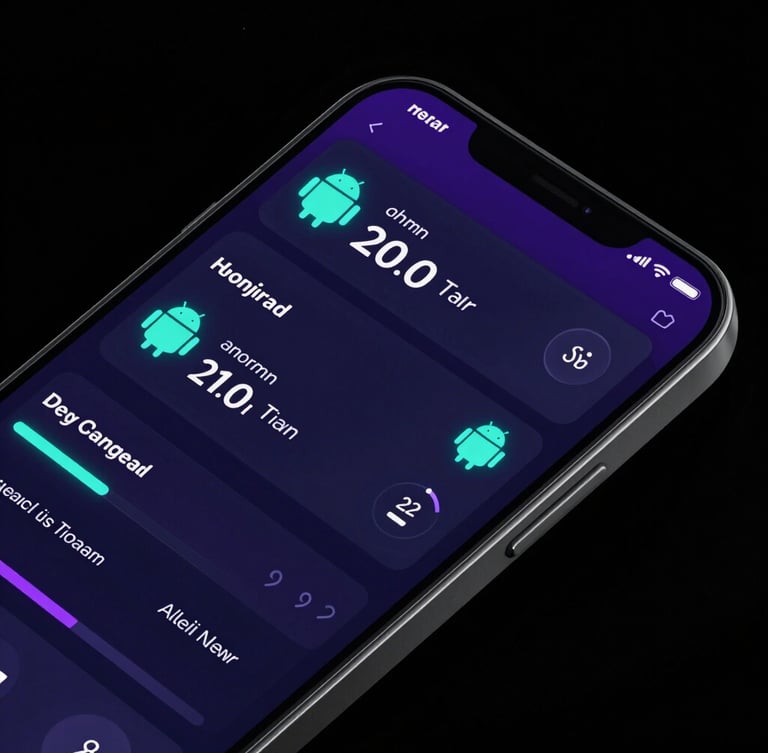 Dark high-contrast digital rendering of an Android phone screen displaying a technical system dashboard, neon cyan and violet accent lighting, crisp UI details, sharp focus, 3d render