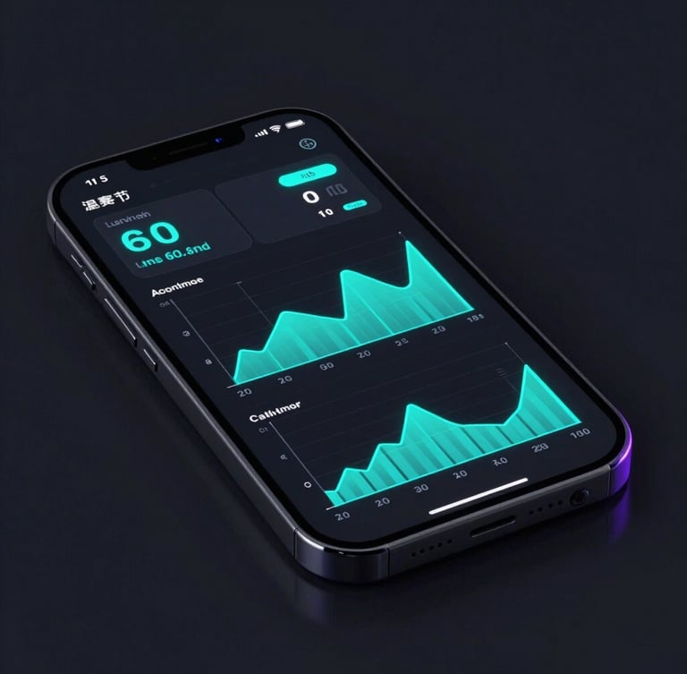 3D render of a high-performance mobile interface, dark screen with neon cyan telemetry graphs, sharp focus, high contrast dark ambient background