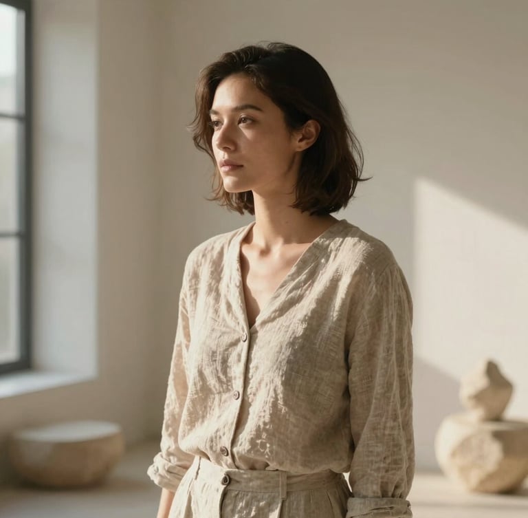 Medium-long portrait of a professional woman in a sunlit, minimalist neutral-toned room, soft morning daylight, warm textures of linen and stone, serene atmosphere.