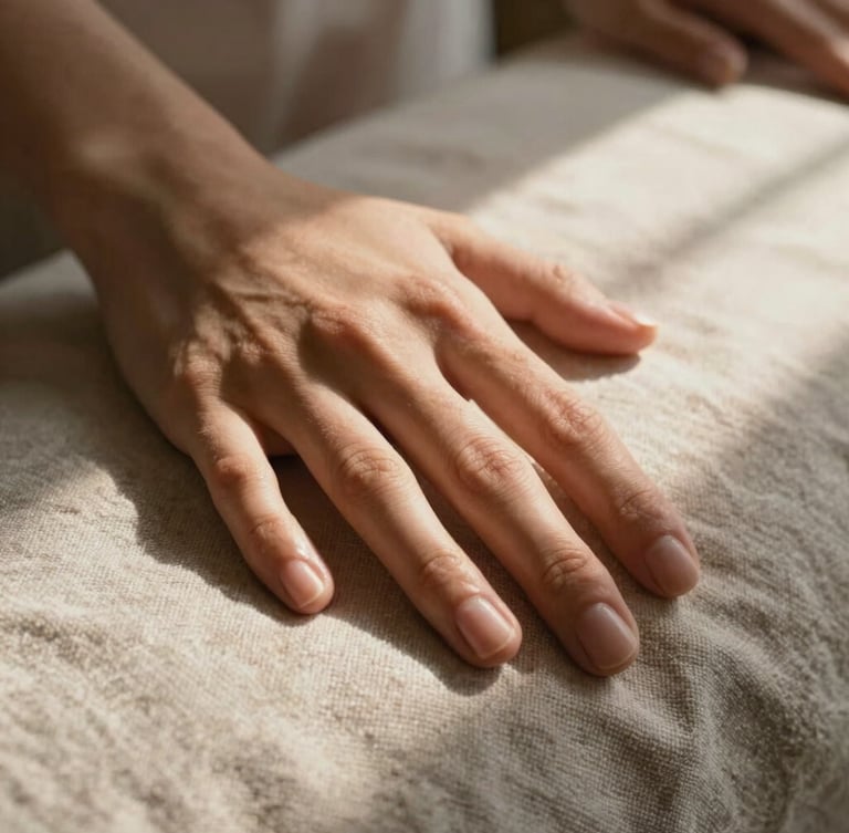 Extreme close-up of hands touching a textured linen fabric, warm sunbeams filtering through, soft luxury wellness vibe