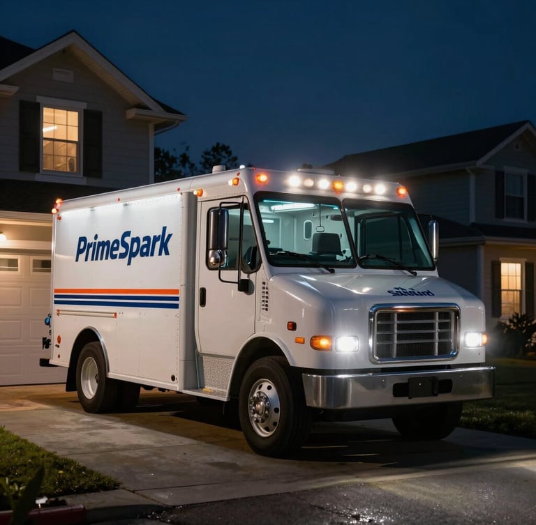 A high-contrast wide shot of a PrimeSpark service truck parked outside a Sanford home at night, illuminated by dramatic work lights and headlamps.