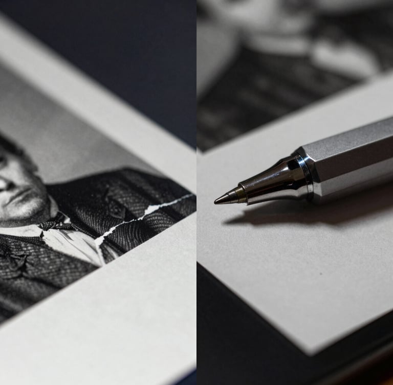 Extreme macro close-up of a digital stylus pen detailing a torn historical photograph on a high-resolution screen, dramatic side-lighting, rich monochrome with selective color
