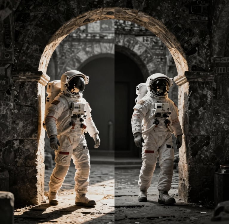 Cinematic surreal composite portrait of an astronaut walking through an ancient stone archway, dramatic high-contrast side-lighting, golden hour glow, rich selective color.