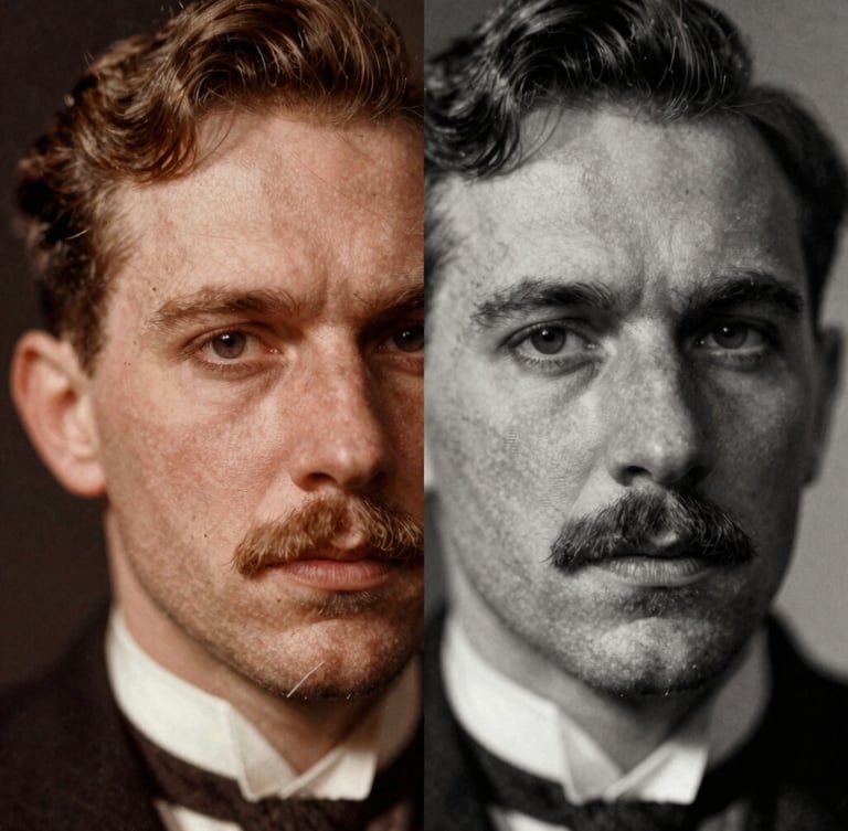 Extreme close-up macro split-screen before-and-after of a torn historical 1920s portrait being restored to sharp detail, dramatic side-lighting, darkroom tone, 35mm grain