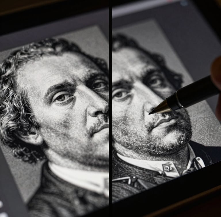 Extreme close-up of a digital stylus pen detailing a torn historical monochrome portrait on a high-resolution darkroom screen, dramatic side-lighting, rich textures.