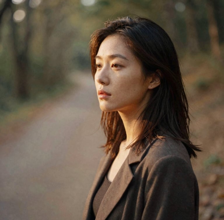 Candid portrait of a woman in quiet reflection, soft golden-hour light, shallow depth of field, natural environment like a forest path, warm earthy tones, 35mm film look.