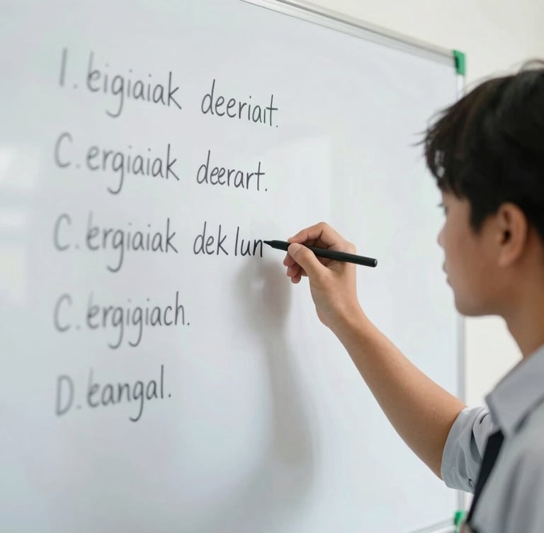 Close-up of a student teacher writing Indonesian grammar rules on a clean whiteboard, bright natural daylight, 35mm, focused and professional expression, green accents