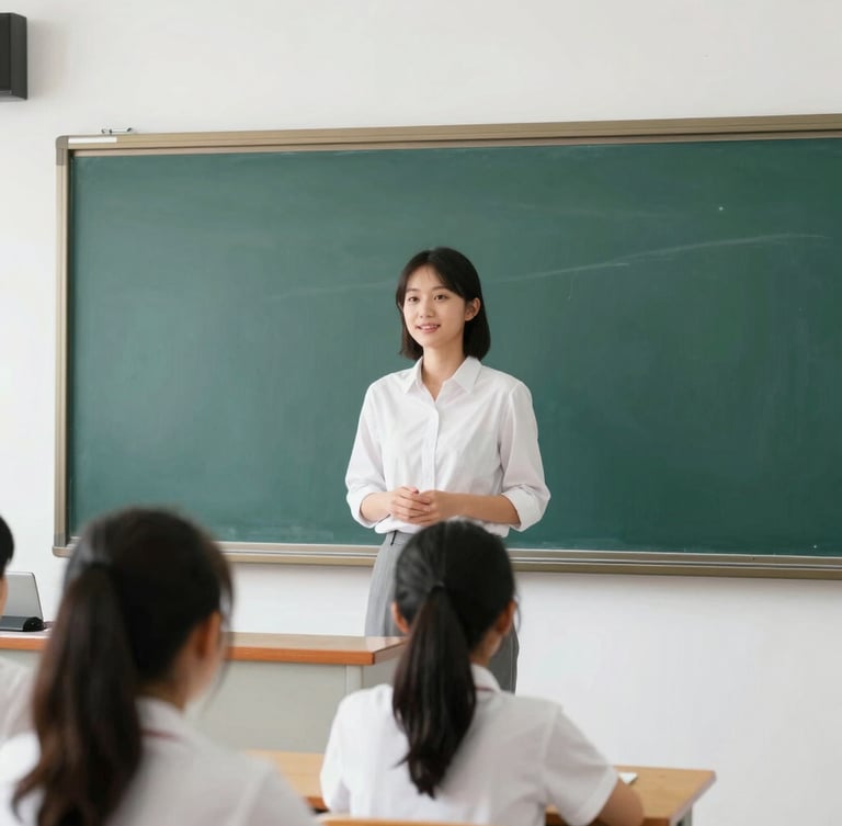 A student teacher presenting in English on a modern digital whiteboard, clean classroom setting, natural morning daylight, shallow depth of field.