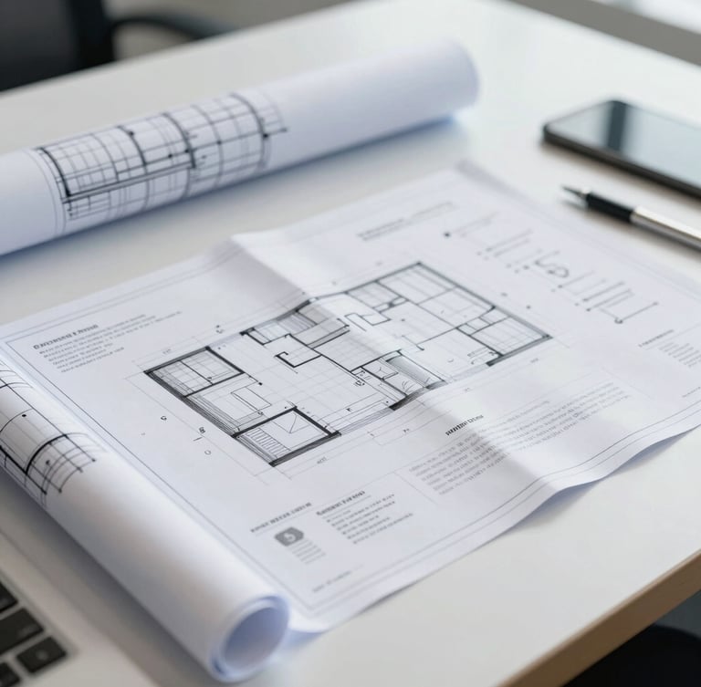 Close-up detail of technical engineering blueprints and compliance documents laid out on a clean slate-colored corporate desk, bright neutral daylight