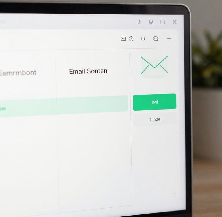 Minimalist UI wireframe showing a clean email inbox interface, focused triage columns, terminal green status highlights, monospace typography, crisp flat lighting.