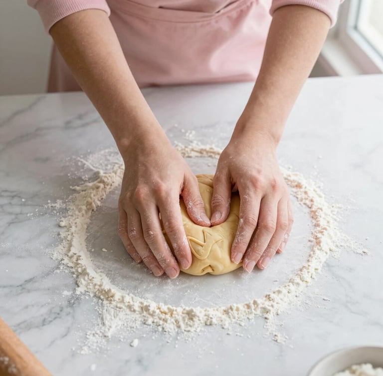 Overhead flatlay of hands kneading cookie dough on a flour-dusted marble counter, soft warm natural window light, pastel pink tones, 35mm
