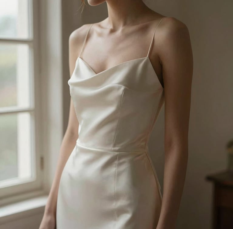 Portrait-oriented editorial photograph of a bride in a minimalist silk gown, soft side window lighting, shallow depth of field, quiet luxury aesthetic, warm tones, high-fashion crop
