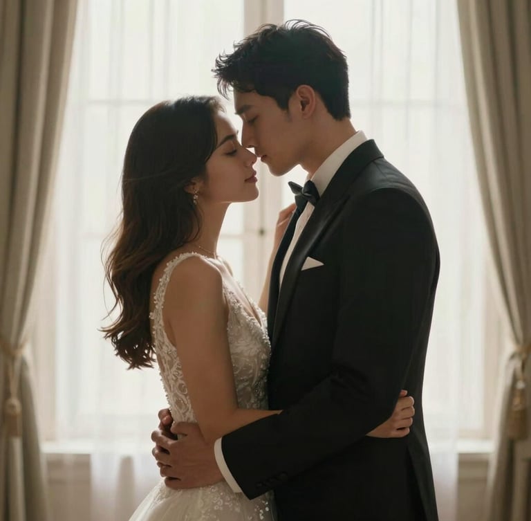 Cinematic portrait of a bride and groom embracing under soft morning window light, high-fashion editorial framing, warm natural tones, shallow depth of field.