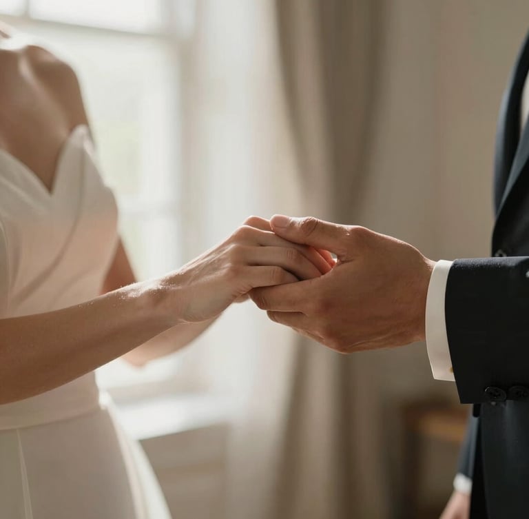 Cinematic close-up of a bride and groom's hands gently clasped, soft window side-lighting, warm tones, shallow depth of field, editorial crop.
