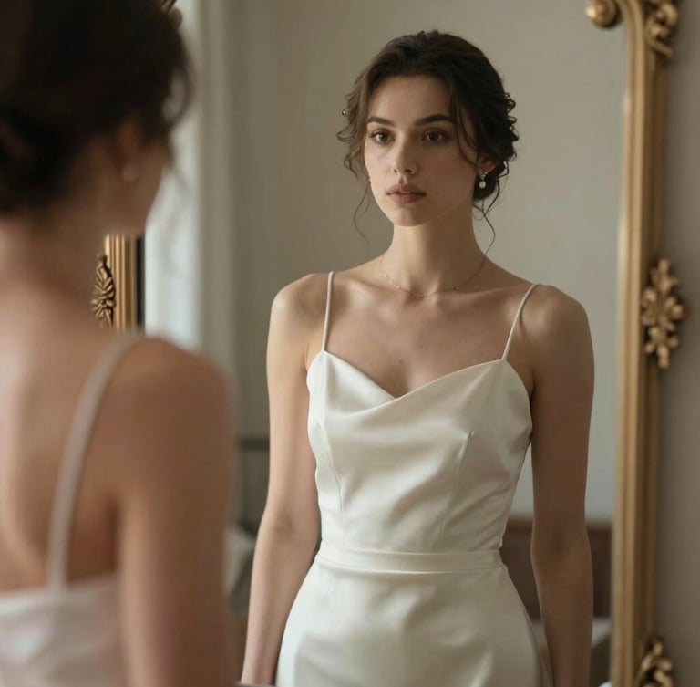 Editorial portrait of a bride reflecting in a vintage mirror, soft side-lighting, elegant silk dress detail, minimalist composition