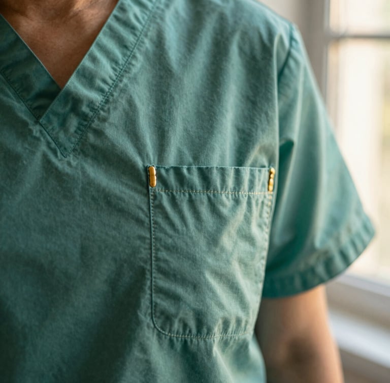 A close-up of high-durability double stitching on a medical scrub pocket, warm natural window light, showing the clean and robust textile details