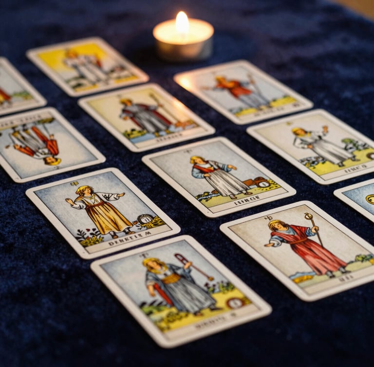 Linen tarot cards laid out in a clean spread on a dark velvet surface, illuminated by a single warm candle flame, brass details catching the light, shallow depth of field.