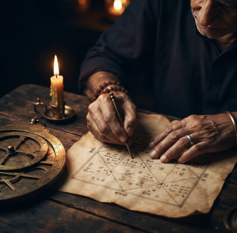 A moody close-up portrait of an Indian astrologer's hands tracing a detailed natal chart by warm candlelight, antique brass astrolabe resting on dark wood, deep midnight blue shadows.