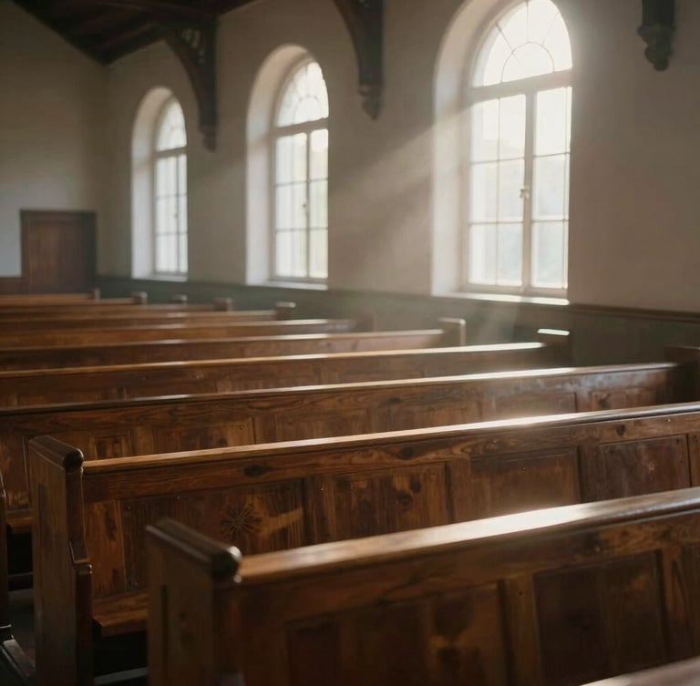 Wide environmental shot of a quiet chapel interior at dawn, soft morning window light cutting through dust motes, casting long shadows across empty wooden pews, unposed and silent.