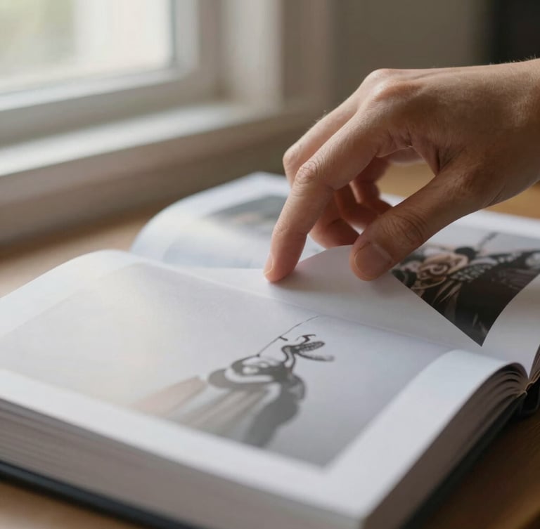 Intimate close-up of hands gently turning the heavy matte page of a physical photography book, soft morning window light highlighting the paper texture.