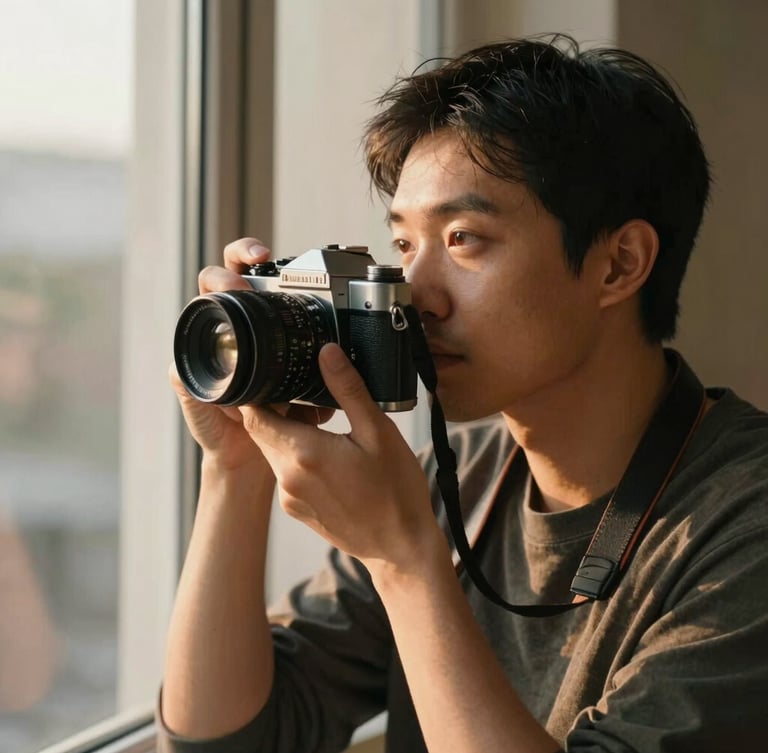 An intimate, unposed portrait of a photographer holding a vintage camera, looking thoughtfully out a window, warm golden hour light, soft focus background, editorial style.
