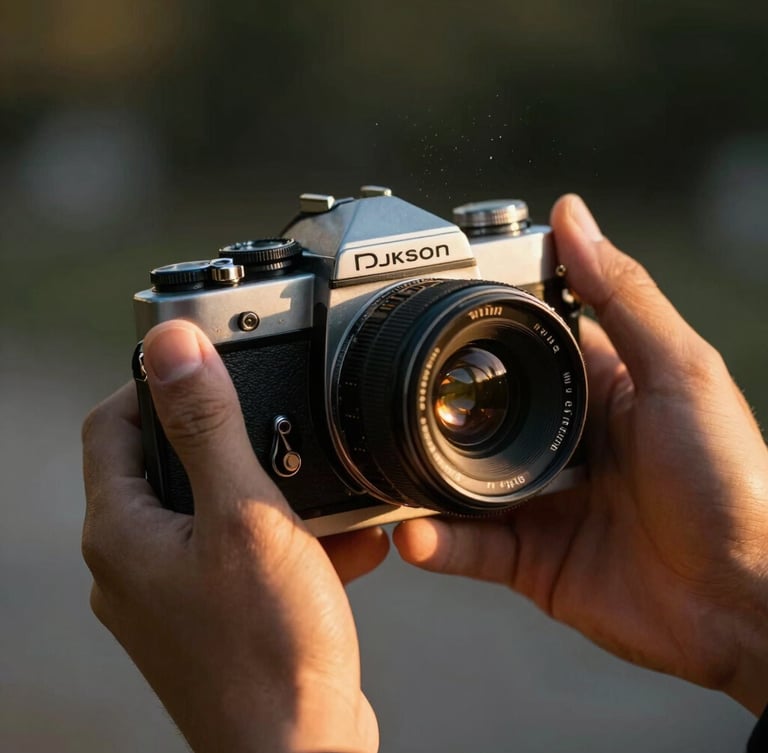Cinematic golden hour light hitting a hand holding an old camera, soft dust motes in the air, warm shadows, extreme close-up framing.