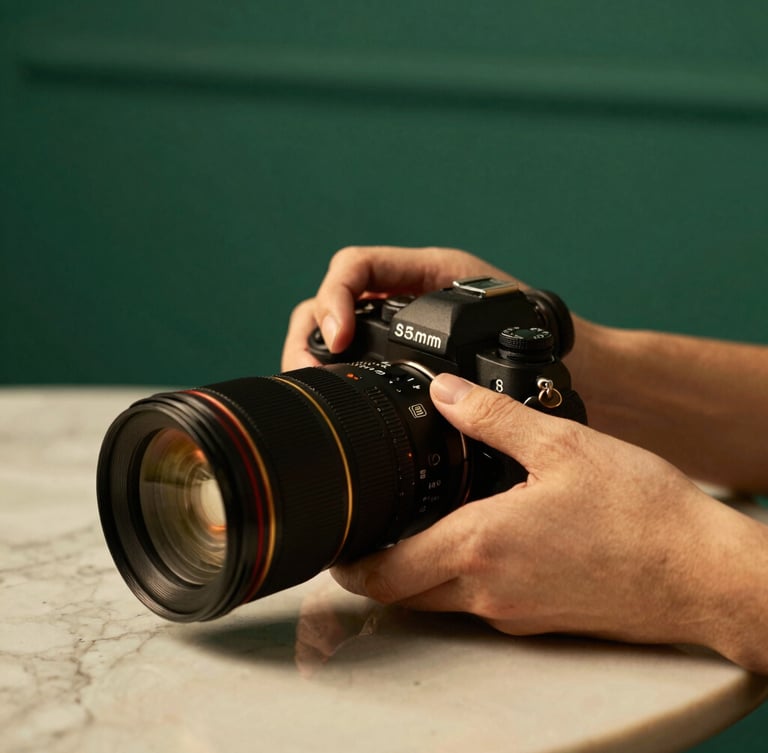 Warm editorial photography of hands adjusting a professional camera lens on a marble table, soft studio daylight, rich emerald and gold tones, 35mm