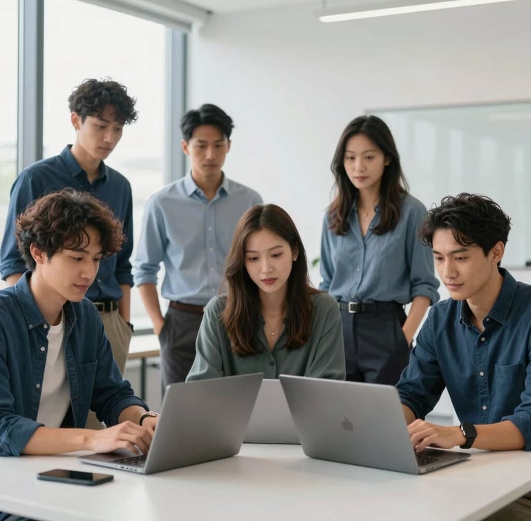 Authentic portrait of a diverse team of music technology professionals collaborating in a modern, bright office, natural daylight, clean blue and slate tones, sharp focus, modern professional aesthetic.