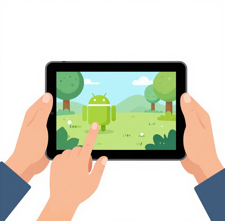 Close-up of diverse hands, a child's and an elderly person's, holding an Android tablet together, interacting with a clean, high-contrast game interface. Bright, even studio light.
