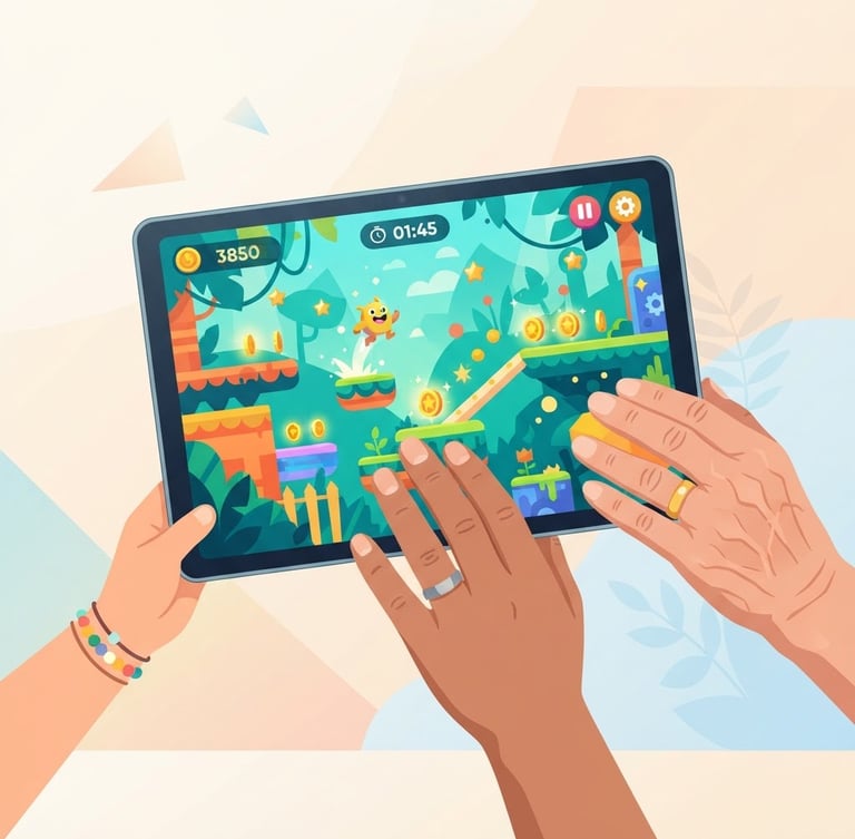 Bright flat vector illustration of diverse hands (child, parent, grandparent) holding a modern Android tablet, a high-contrast, colorful game screen visible, soft studio lighting, minimalist background.