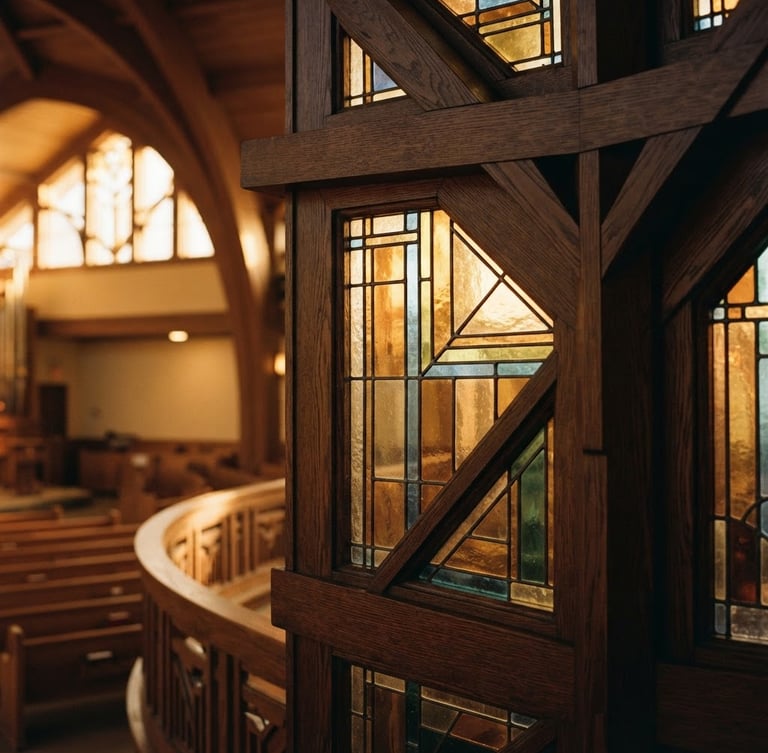 Warm editorial photography of architectural details of the Beth El sanctuary, soft golden hour daylight streaming through stained glass, rich muted tones, shallow depth of field, 35mm film look.