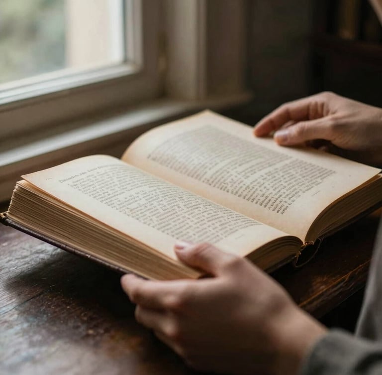 Close-up of hands gently turning the pages of a historical community archive book, warm natural window light, rich muted tones, shallow depth of field, 35mm film look.
