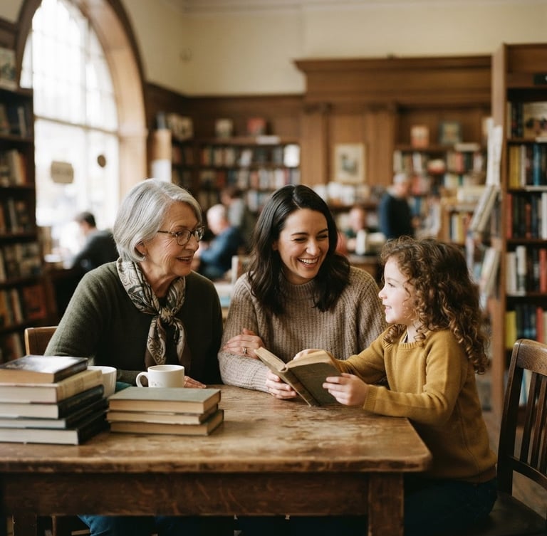 Warm editorial portrait of a multi-generational family in quiet conversation inside a sunlit library, soft natural window light, rich muted tones, shallow depth of field, 35mm film look.