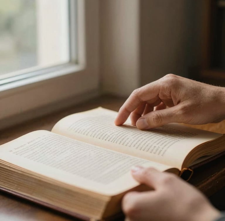 Close-up of hands carefully turning the page of a historic leather-bound archive book, soft side lighting from a window, warm tones, shallow depth of field