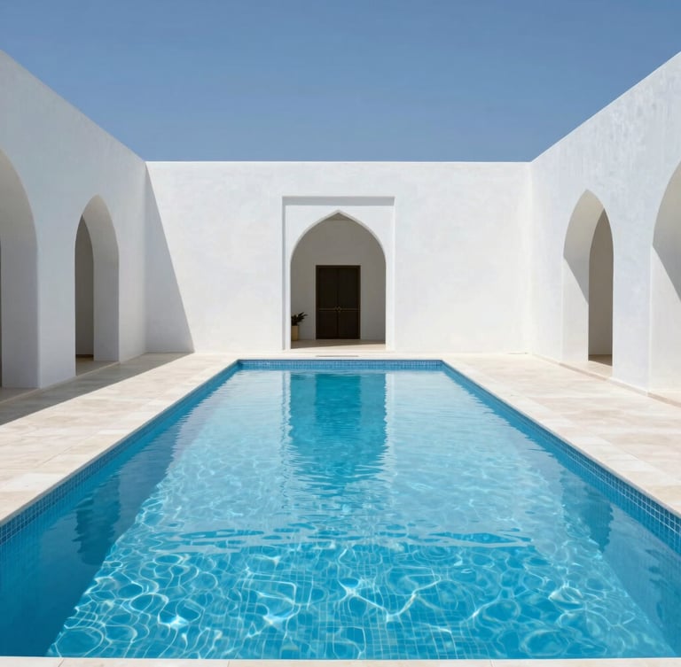 Symmetrical architectural luxury pool in Baghdad, crystal clear water reflecting bright midday sun, minimalist white concrete surroundings, 35mm photography