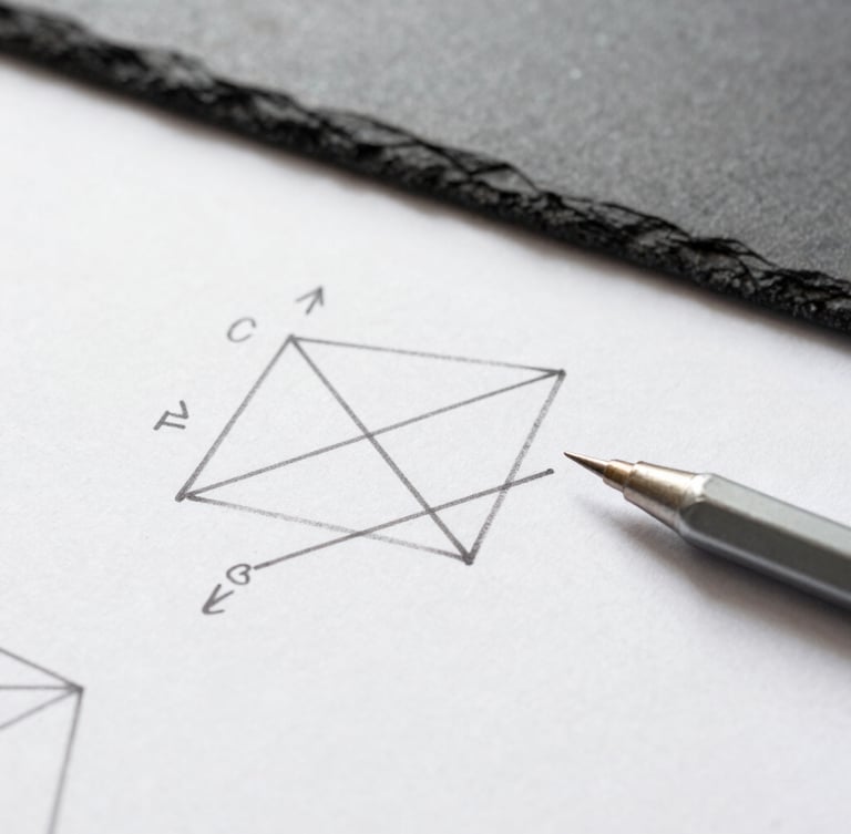 Top-down macro photograph of a clean geometric calculus proof hand-drawn on pristine graph paper, sharp technical pencil resting on the page, bright diffused daylight, slate and white tones.