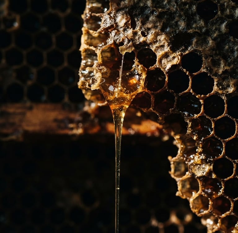 Extreme macro shot of slow-dripping golden honey from a dark honeycomb, warm afternoon sunlight cutting through deep shadows, dark editorial product photography, 35mm