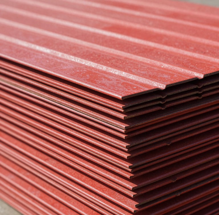 Close-up of corrugated red metal sheets stacked in bright direct daylight, high-contrast metallic textures, sharp focus on the real thickness profile