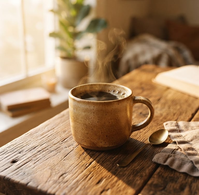Warm golden-hour shot of a steaming ceramic mug on a rustic wooden table, soft shadows, shallow depth of field, 35mm